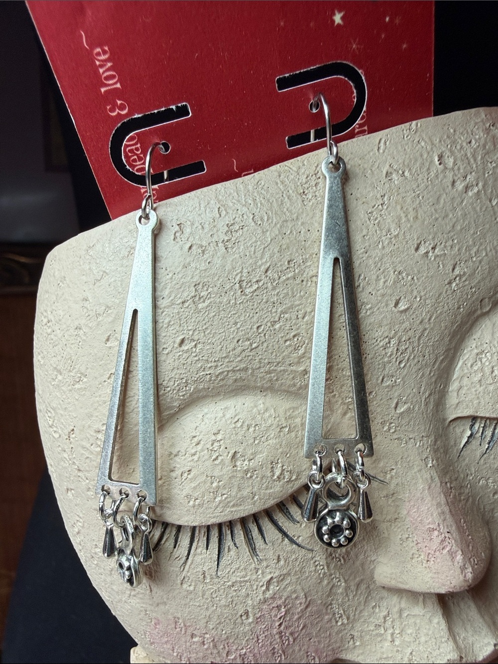 Silver Long Triangle Dangle Earrings with Charms - Women Jewelry